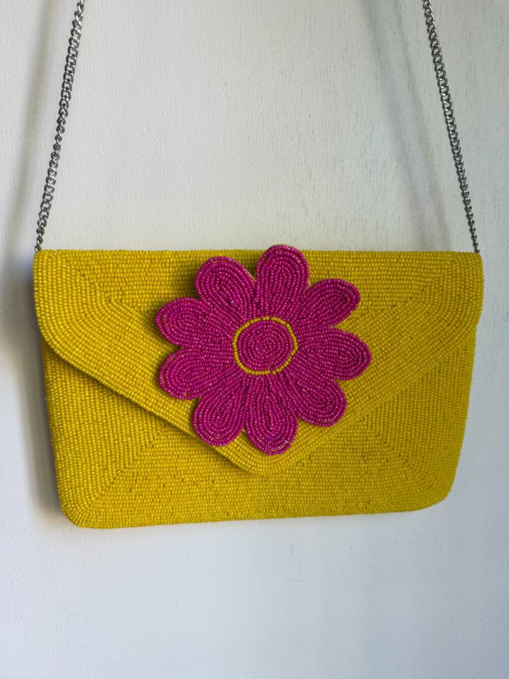 Yellow Pink Beaded Flower Clutch Crossbody Bag Spring Wedding